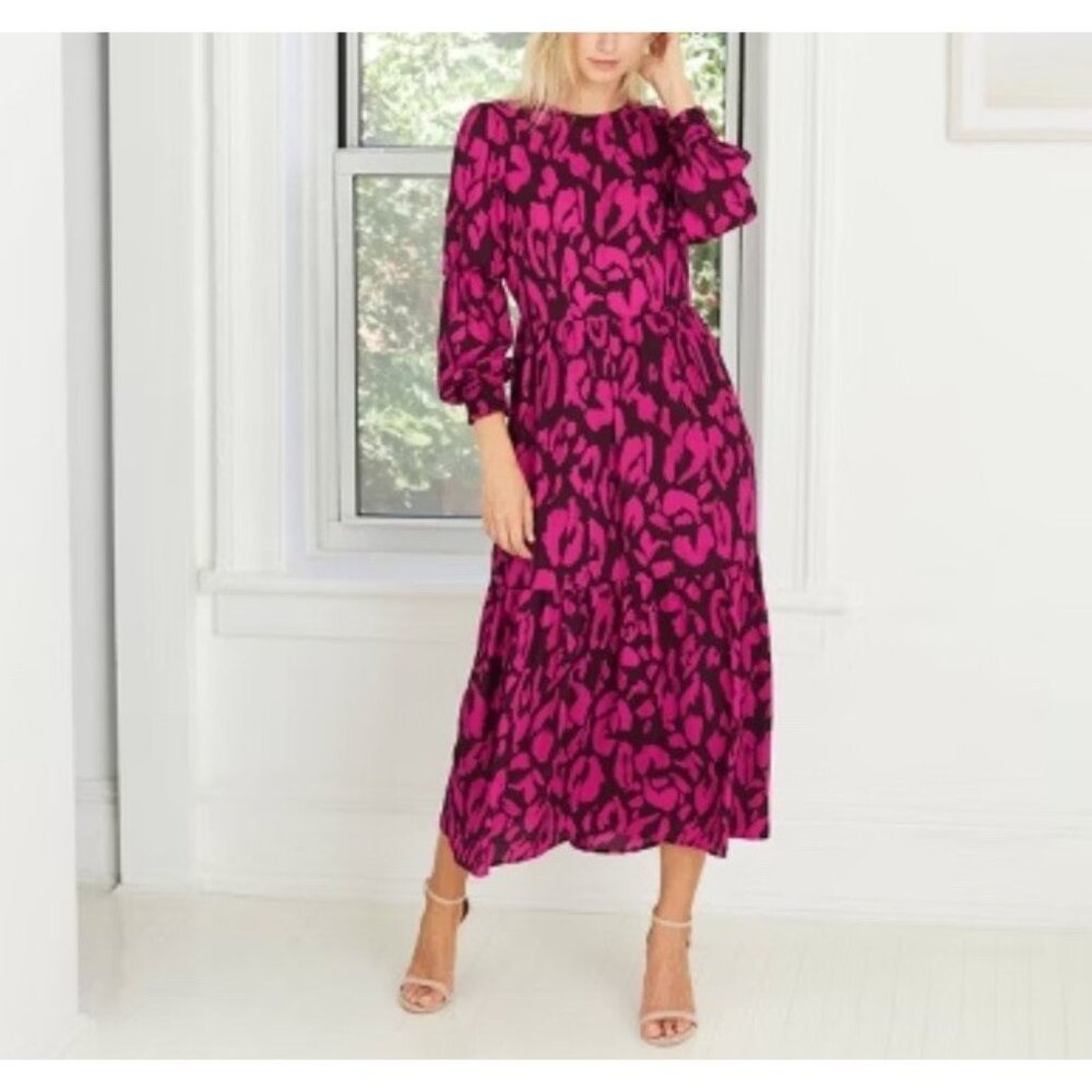 Who What Wear Shirt Dress Maxi S Leopard Pink Red Long Sleeve Peasant Smocked
